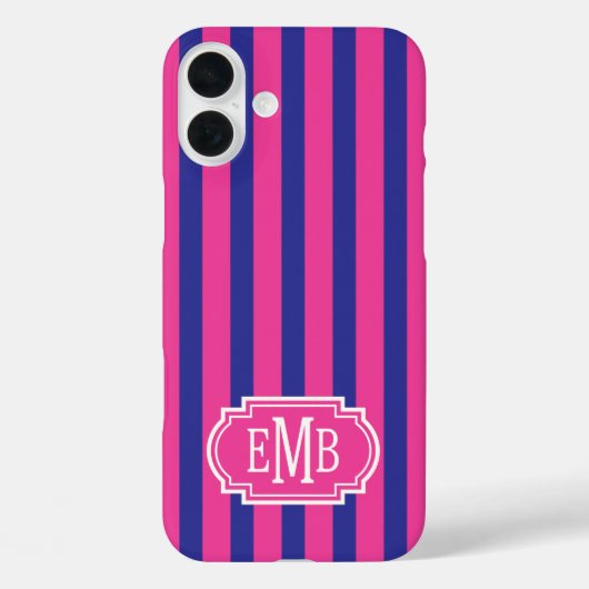 Roze en marineblauw monogram strepen Case-Mate iPhone case (Achterkant)