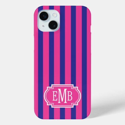 Roze en marineblauw monogram strepen Case-Mate iPhone case (Achterkant)