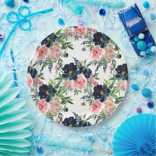 Roze en marineblauw Rozen bruiloft Papieren Bordje (Feest)