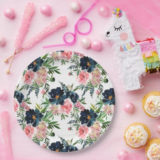 Roze en marineblauw Rozen bruiloft Papieren Bordje (Feest)