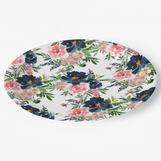 Roze en marineblauw Rozen bruiloft Papieren Bordje (Gekanteld)