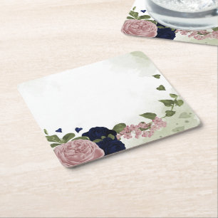 roze en marineblauwe bloemen groen kartonnen onderzetters