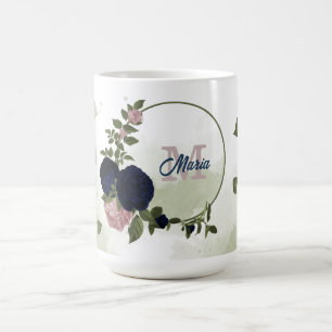 roze en marineblauwe bloemen groen monogram koffiemok
