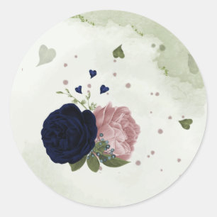 roze en marineblauwe bloemen groen ronde sticker