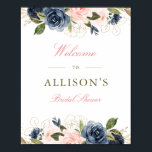 roze en marineblauwe bloemige bruidsshower welkoms poster<br><div class="desc">Een bloemig ontwerp met mooie roze en marineblauwe waterverf bloemen. De tekst en kleuren op deze poster kunnen worden aangepast.</div>