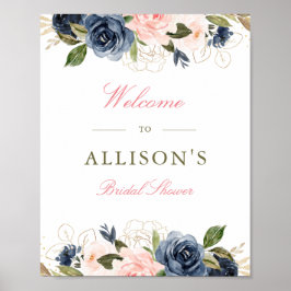 roze en marineblauwe bloemige bruidsshower welkoms poster