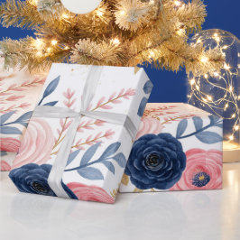 Roze en marineblauwe bloemige inpakpapier