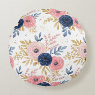 Roze en marineblauwe bloemige inpakpapier rond kussen