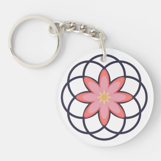 Roze en marineblauwe bloemontwerp acryl sleutelhanger (Voorkant)