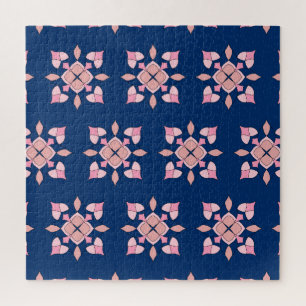 Roze en marineblauwe geometrische bloementegels legpuzzel