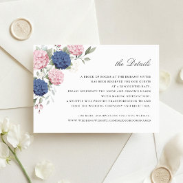 Roze en marineblauwe hortensia huwelijksdetails kaart