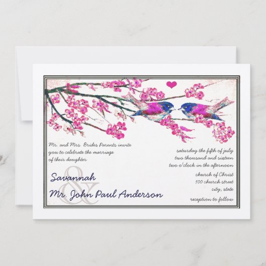 Roze en marineblauwe liefdesvogel Kersenbloesem Br Kaart (Voorkant)