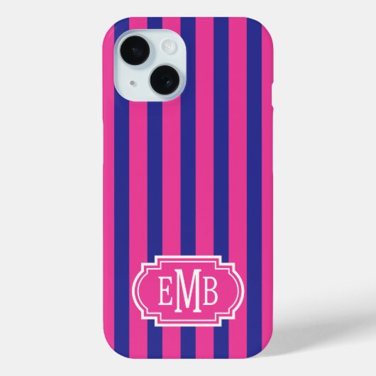 Roze en marineblauwe monogramstrepen Case-Mate iPhone case (Achterkant)