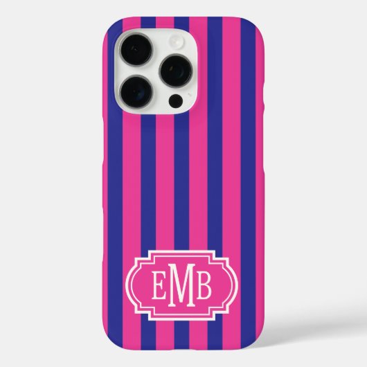 Roze en marineblauwe monogramstrepen Case-Mate iPhone case (Achterkant)