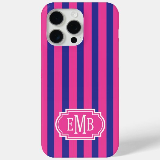 Roze en marineblauwe monogramstrepen Case-Mate iPhone case (Achterkant)
