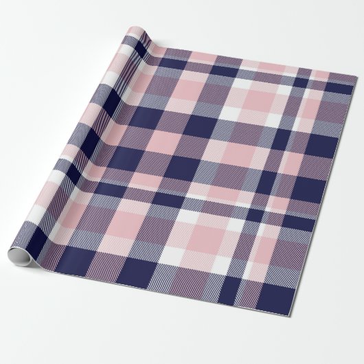 Roze en marineblauwe Plaid, geruit, tartan naadloo Cadeaupapier (Uitgerold)