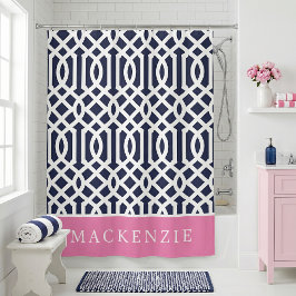 Roze en marineblauwe Traliewerk Monogram Douchegordijn