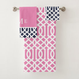 Roze en marineblauwe Trellis-monogram Bad Handdoek