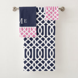 Roze en marineblauwe Trellis-monogram Bad Handdoek