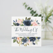 Roze en marineblauwe Waterverf bloemen bruiloft Kaart (Staand voorkant)