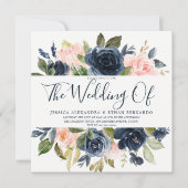 Roze en marineblauwe Waterverf bloemen bruiloft Kaart (Voorkant)