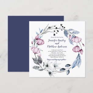 Roze en marineblauwe Waterverf Floral Wreath Weddi Kaart