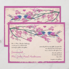 Roze en marinebruine liefdesvogel Kersenbloesem Br Kaart