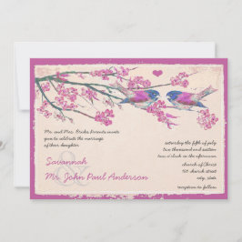 Roze en marineliefde Bird Cherry Blossom Wedding Kaart
