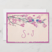 Roze en marineliefde Bird Cherry Blossom Wedding Kaart (Achterkant)