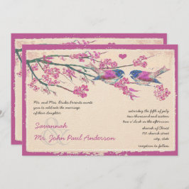 Roze en marineliefde Bird Cherry Blossom Wedding Kaart