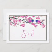 Roze en marineliefde Bird Cherry Blossom Wedding Kaart (Achterkant)