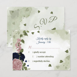  roze en marinesblauwe bloemen groen RSVP kaartje