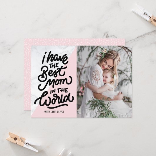 Roze en marmer Best Mam Hand Lettering Moederdag Kaart (Voorkant / Achterkant in situ)