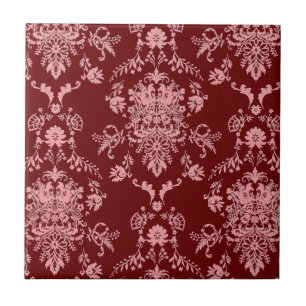 Roze en maroon Damask-keramische Tegel Tegeltje