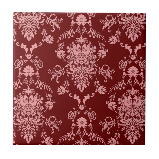 Roze en maroon Damask-keramische Tegel Tegeltje (Voorkant)