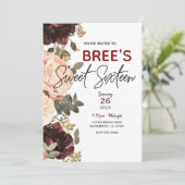Roze en maroon Floral Greenery Leaves Sweet 16 Kaart (Staand voorkant)