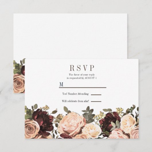 Roze en maroon Floral Greenery Leaves Wedding RSVP Kaart (Voorkant / Achterkant)