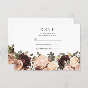 Roze en maroon Floral Greenery Leaves Wedding RSVP Kaart