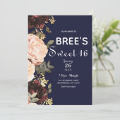 Roze en maroon Floral Greenery Navy Blue Sweet 16 Kaart (Staand voorkant)