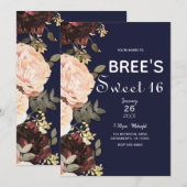 Roze en maroon Floral Greenery Navy Blue Sweet 16 Kaart (Voorkant / Achterkant)