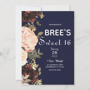 Roze en maroon Floral Greenery Navy Blue Sweet 16 Kaart