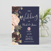 Roze en Maroon Floral Greenery Navy Blue Wedding Kaart (Staand voorkant)