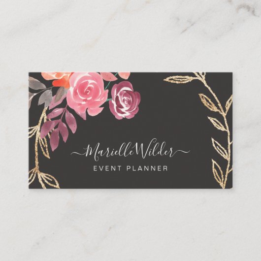 Roze en Marsala Floral Gold Foliage Event Planner Visitekaartje (Voorkant)