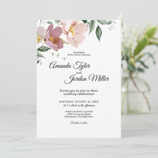 Roze en Mauve bloemen in één bruiloft Kaart (Staand voorkant)