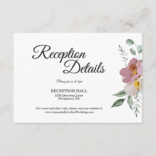 Roze en Mauve  Floral Reception Details Informatiekaartje (Voorkant)