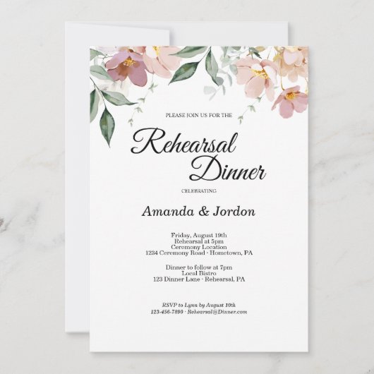 Roze en Mauve  Floral Rehearsal Dinner Kaart (Voorkant)