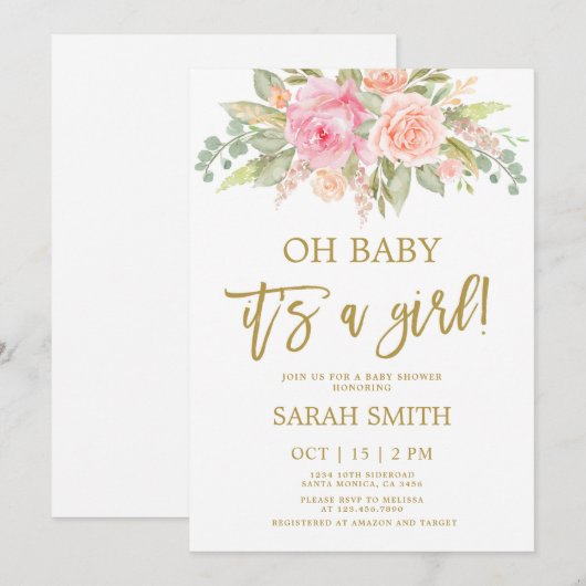 Roze en meloenen waterverf Baby shower Kaart (Voorkant / Achterkant)