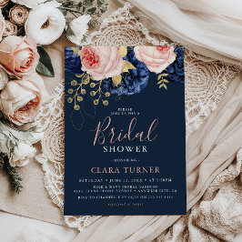 Roze en Middennachtblauw Bloemen Bruidsdouche Kaart