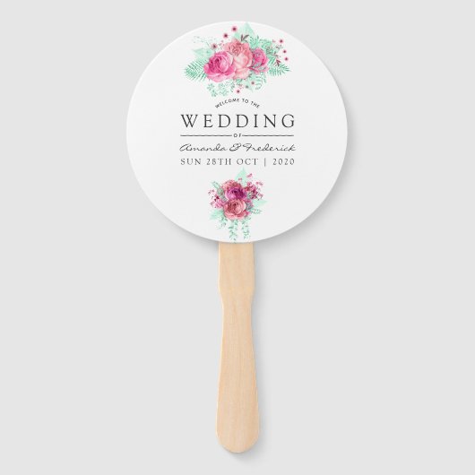 Roze en Mint Bloemen bruiloft gunst Handwaaier (Voorkant)