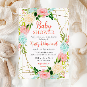 Roze en Mint Bloemen Frame Baby Borrel Kaart
